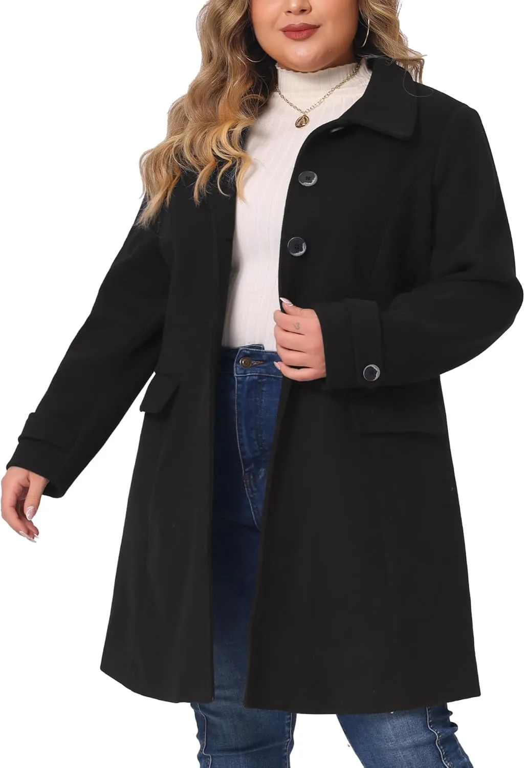 Agnes Orinda Plus Size Coats for Women Fall Winter Classic Single Breasted Pea Trench Long Coat with Pockets