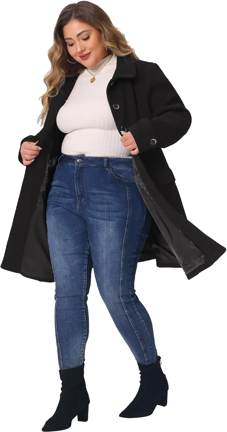 Agnes Orinda Plus Size Coats for Women Fall Winter Classic Single Breasted Pea Trench Long Coat with Pockets