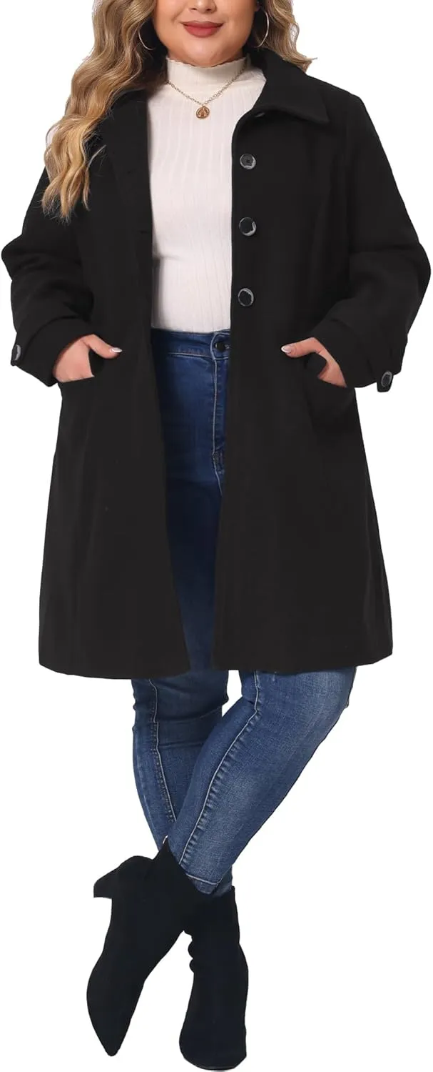 Agnes Orinda Plus Size Coats for Women Fall Winter Classic Single Breasted Pea Trench Long Coat with Pockets