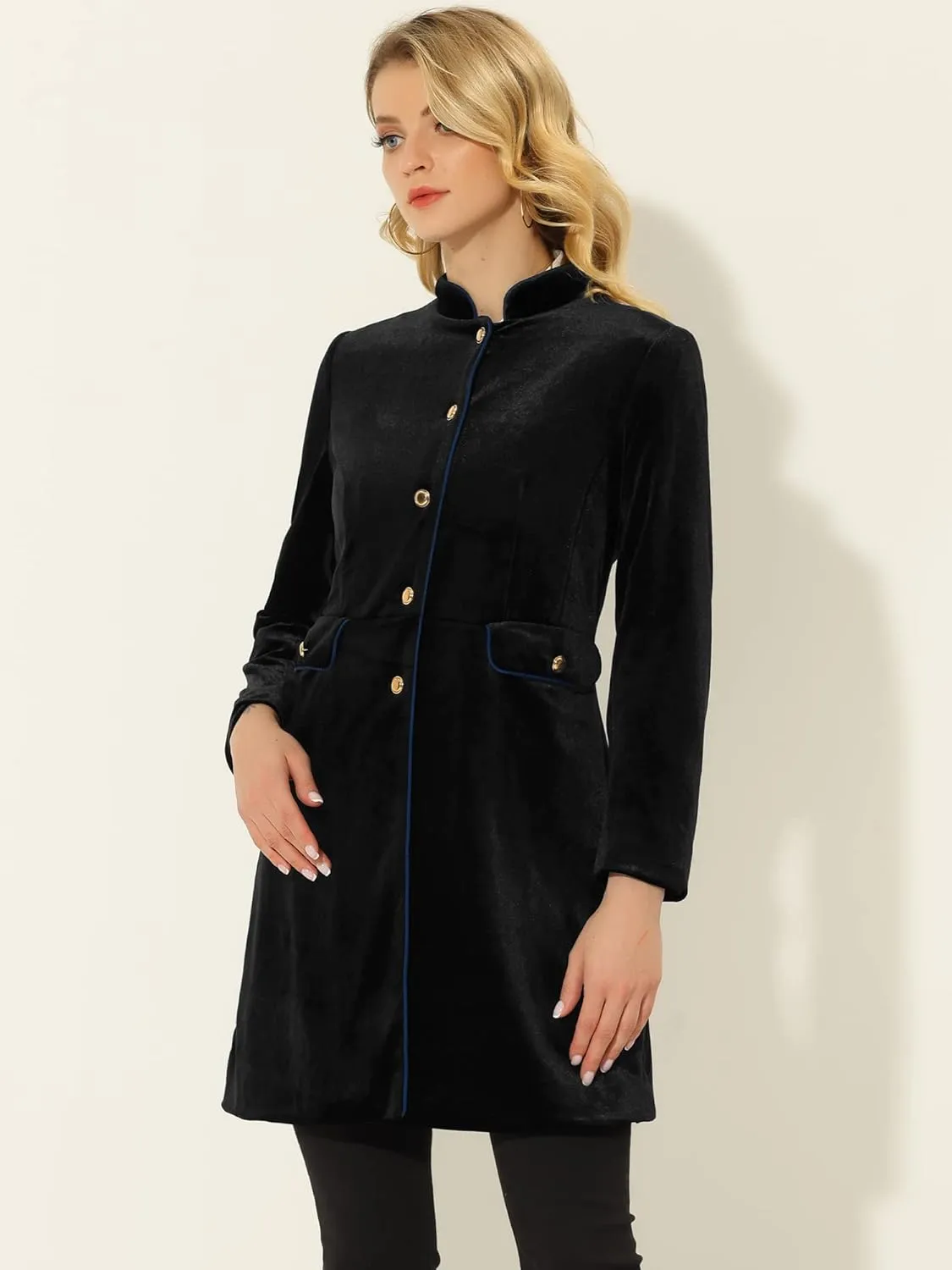Allegra K Women's Velvet Jacket Contrast Trim Pockets Stand Collar Single Breasted Long Coat