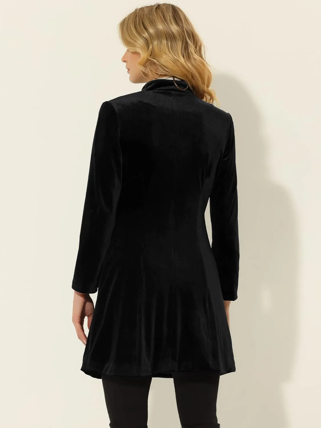 Allegra K Women's Velvet Jacket Contrast Trim Pockets Stand Collar Single Breasted Long Coat