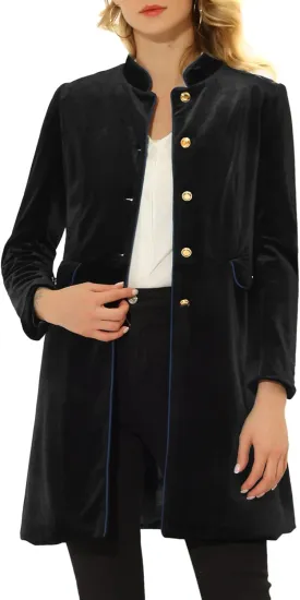 Allegra K Women's Velvet Jacket Contrast Trim Pockets Stand Collar Single Breasted Long Coat