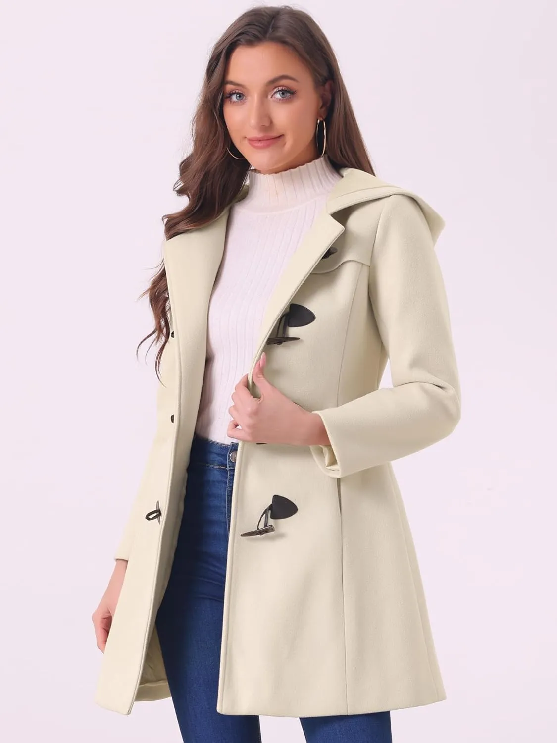 Allegra K Women's Winter Overcoat Mid-thigh Hooded Toggle Duffle Long Coat