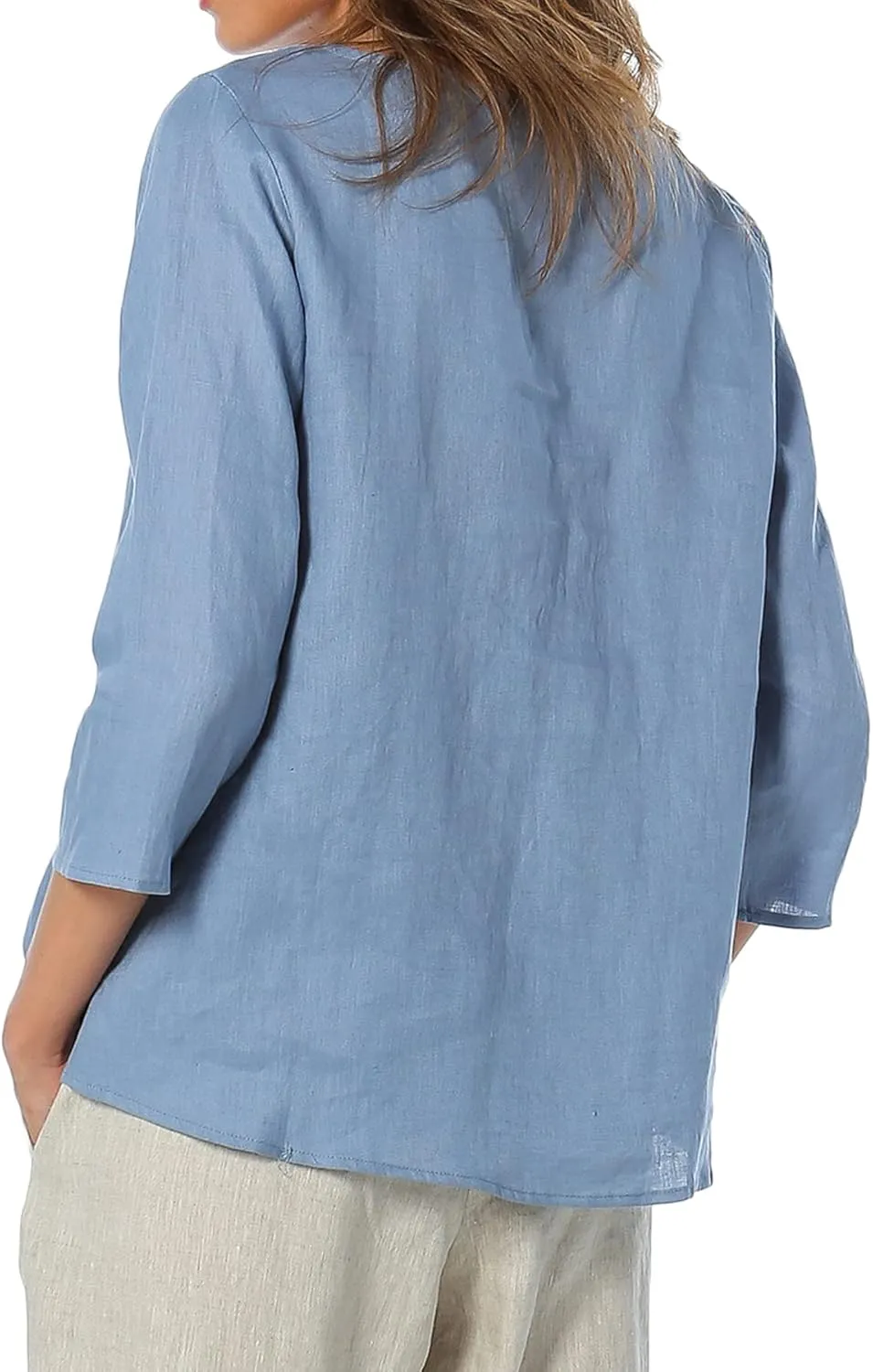 Amazhiyu Women's Linen 3/4 Sleeve Blouse Crew Neck Summer Casual Tops Loose Fit