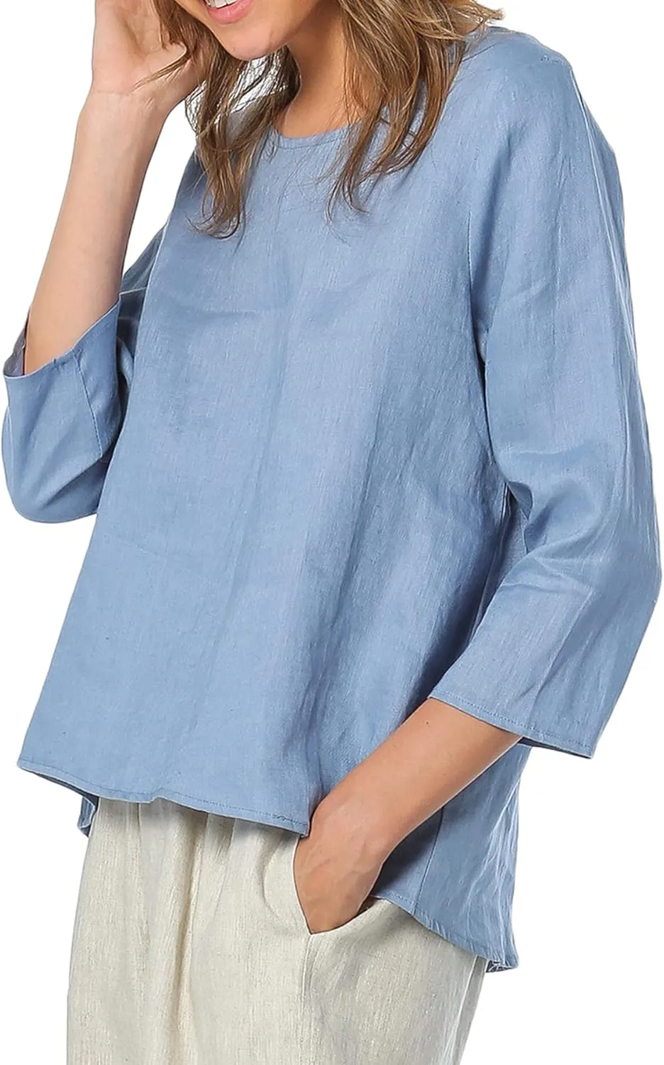 Amazhiyu Women's Linen 3/4 Sleeve Blouse Crew Neck Summer Casual Tops Loose Fit
