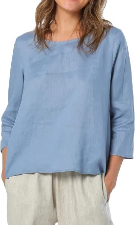Amazhiyu Women's Linen 3/4 Sleeve Blouse Crew Neck Summer Casual Tops Loose Fit