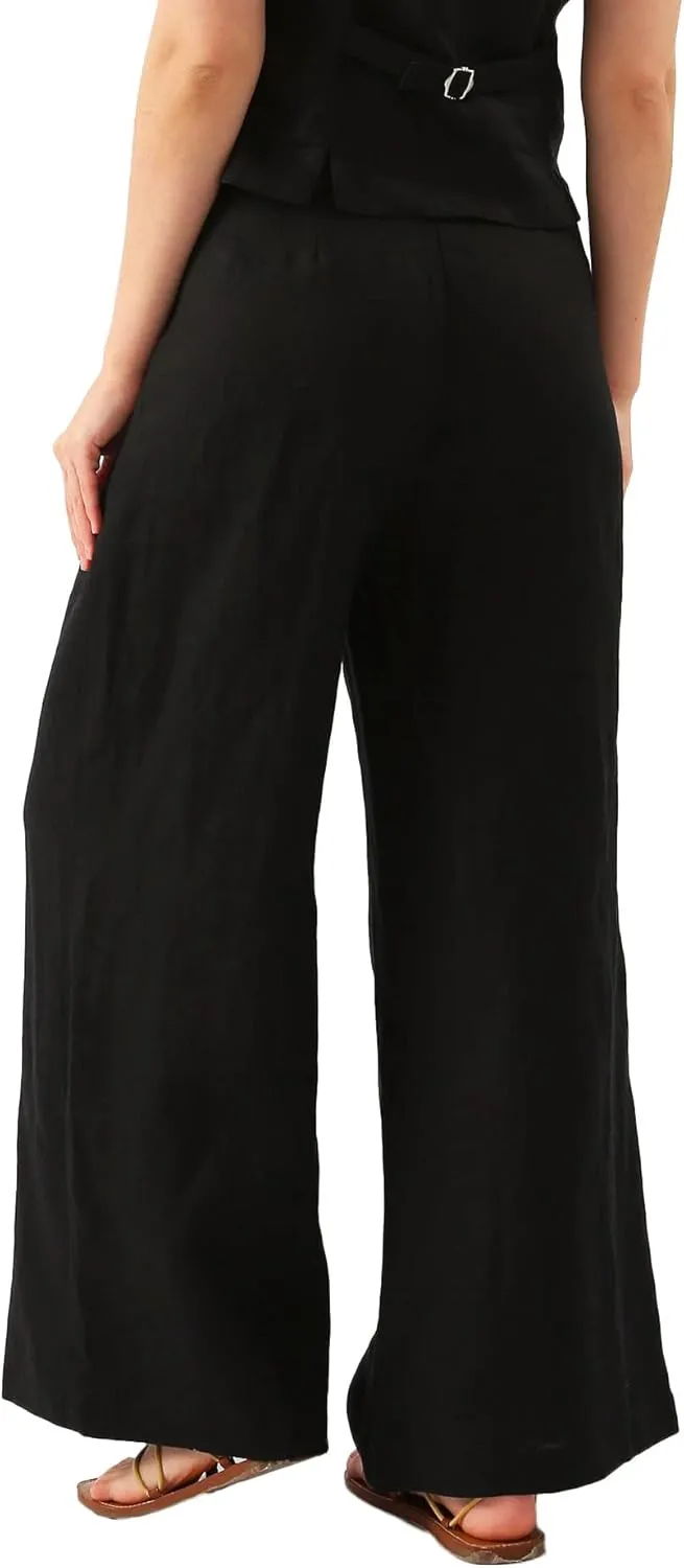 Amazhiyu Womens Pure Linen High Waist Wide Leg Pants with Pockets for Casual Summer