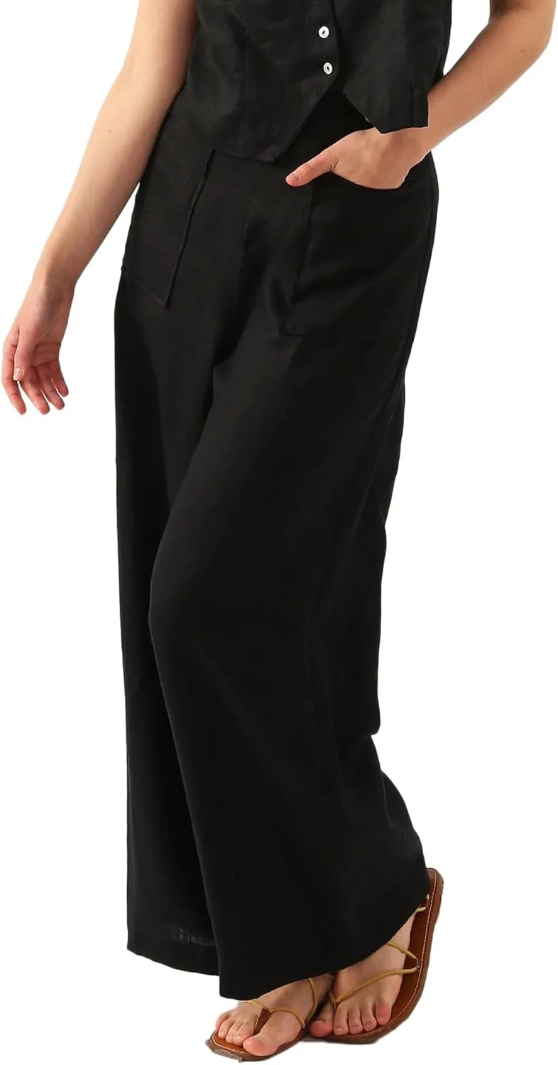 Amazhiyu Womens Pure Linen High Waist Wide Leg Pants with Pockets for Casual Summer