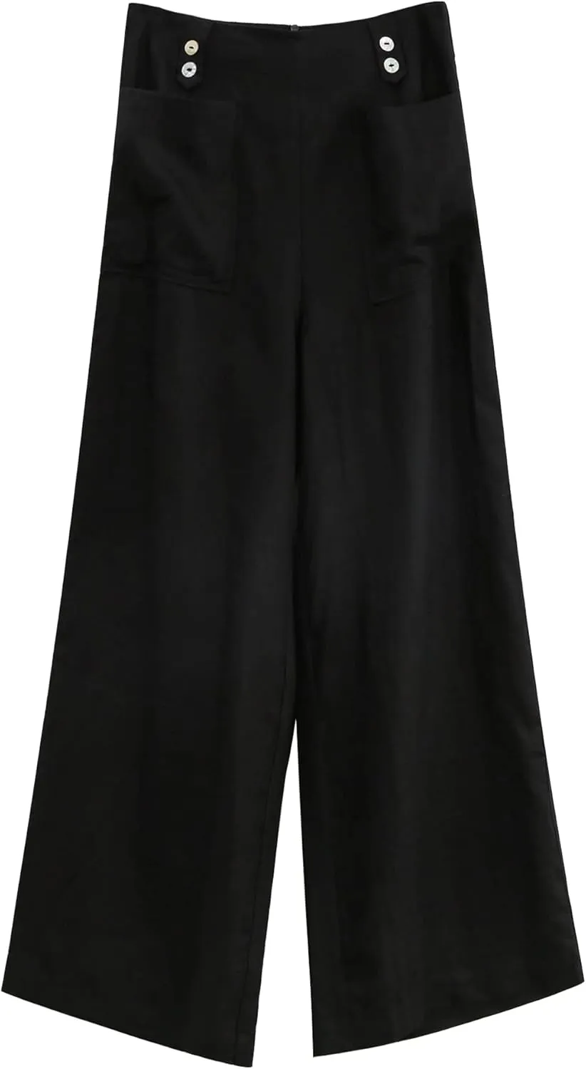 Amazhiyu Womens Pure Linen High Waist Wide Leg Pants with Pockets for Casual Summer