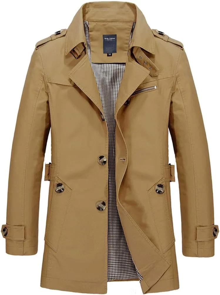 chouyatou Men's Slim Notched Collar Single Breasted Cotton Jacket Office Trench Coat