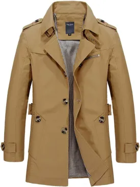 chouyatou Men's Slim Notched Collar Single Breasted Cotton Jacket Office Trench Coat