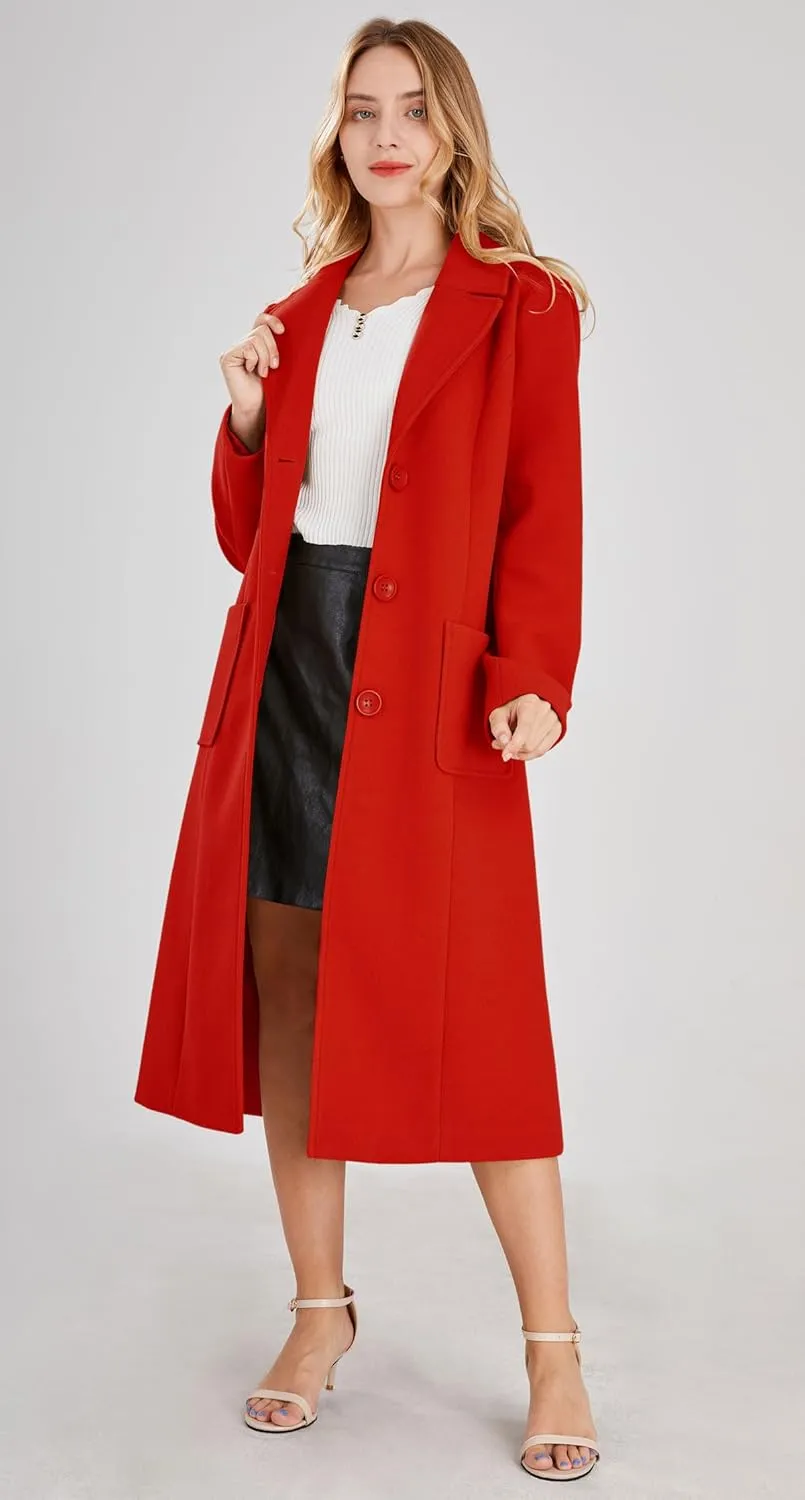 chouyatou Women's Big Notch Lapel Single Breasted Mid-Long Wool Blend Coat