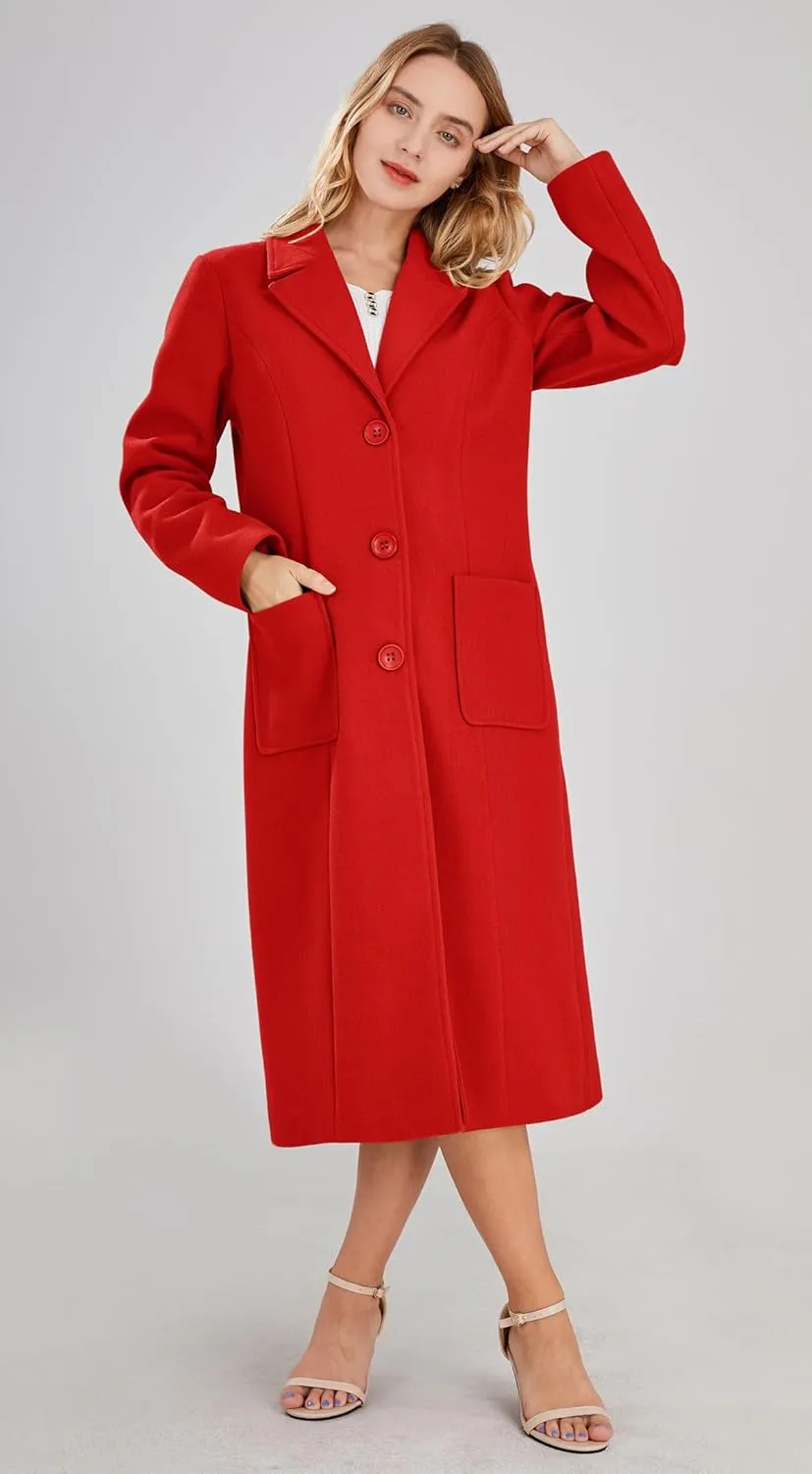 chouyatou Women's Big Notch Lapel Single Breasted Mid-Long Wool Blend Coat