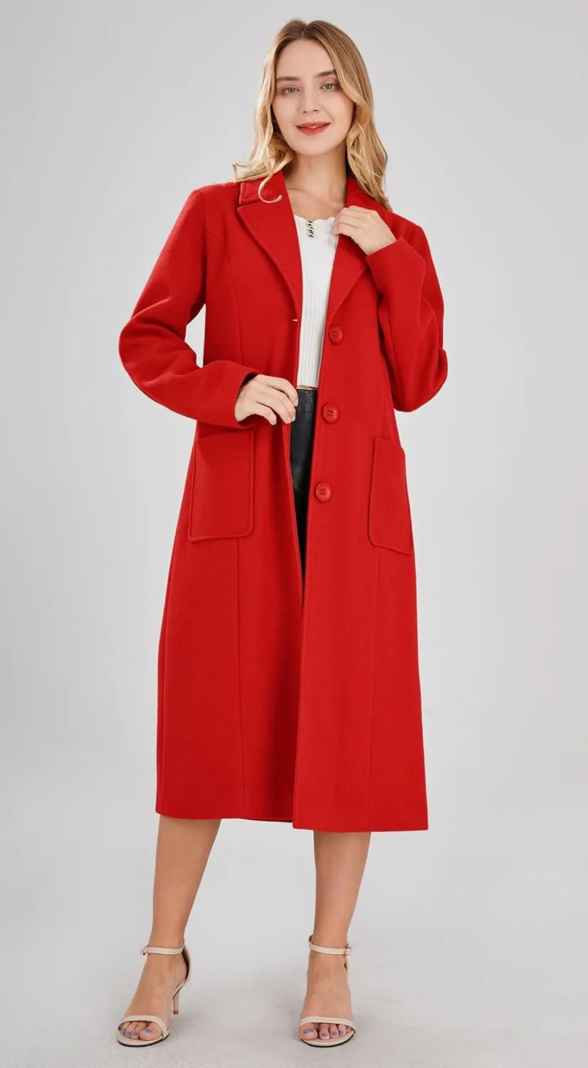 chouyatou Women's Big Notch Lapel Single Breasted Mid-Long Wool Blend Coat