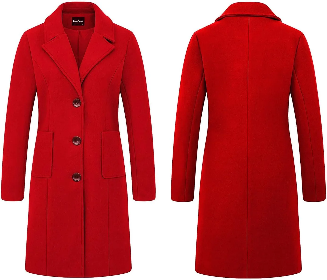 chouyatou Women's Big Notch Lapel Single Breasted Mid-Long Wool Blend Coat