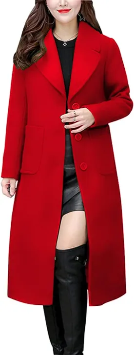 chouyatou Women's Big Notch Lapel Single Breasted Mid-Long Wool Blend Coat