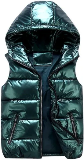 FindThy Womens Shiny Puffer Down Vest Quilted Zip Up Hat Collar Pocketed Sleeveless Jacket