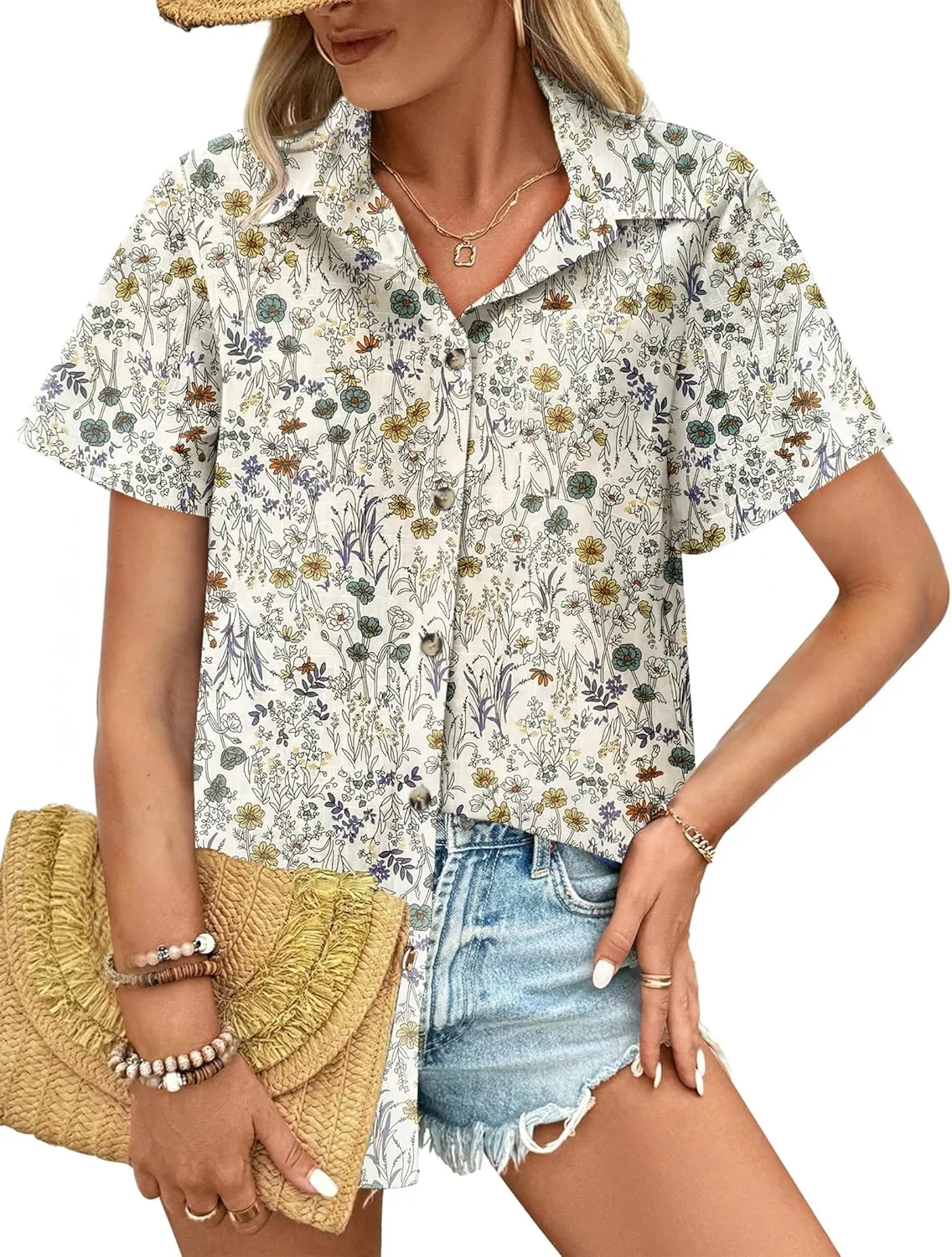 HOTOUCH Cotton Linen Button Down Shirt for Women V Neck Collared Blouse Casual Short Sleeve Tops with Pocket