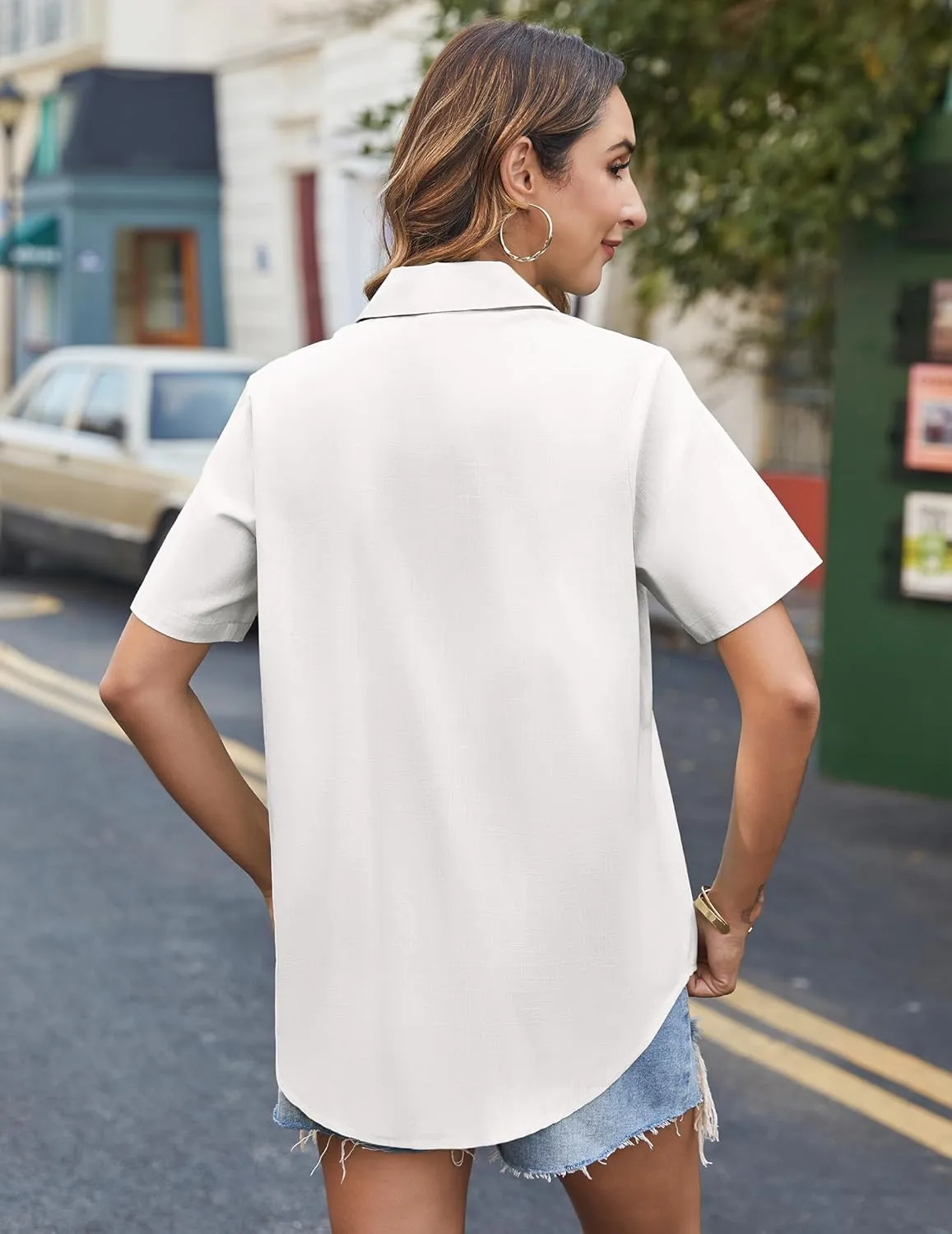 HOTOUCH Cotton Linen Button Down Shirt for Women V Neck Collared Blouse Casual Short Sleeve Tops with Pocket