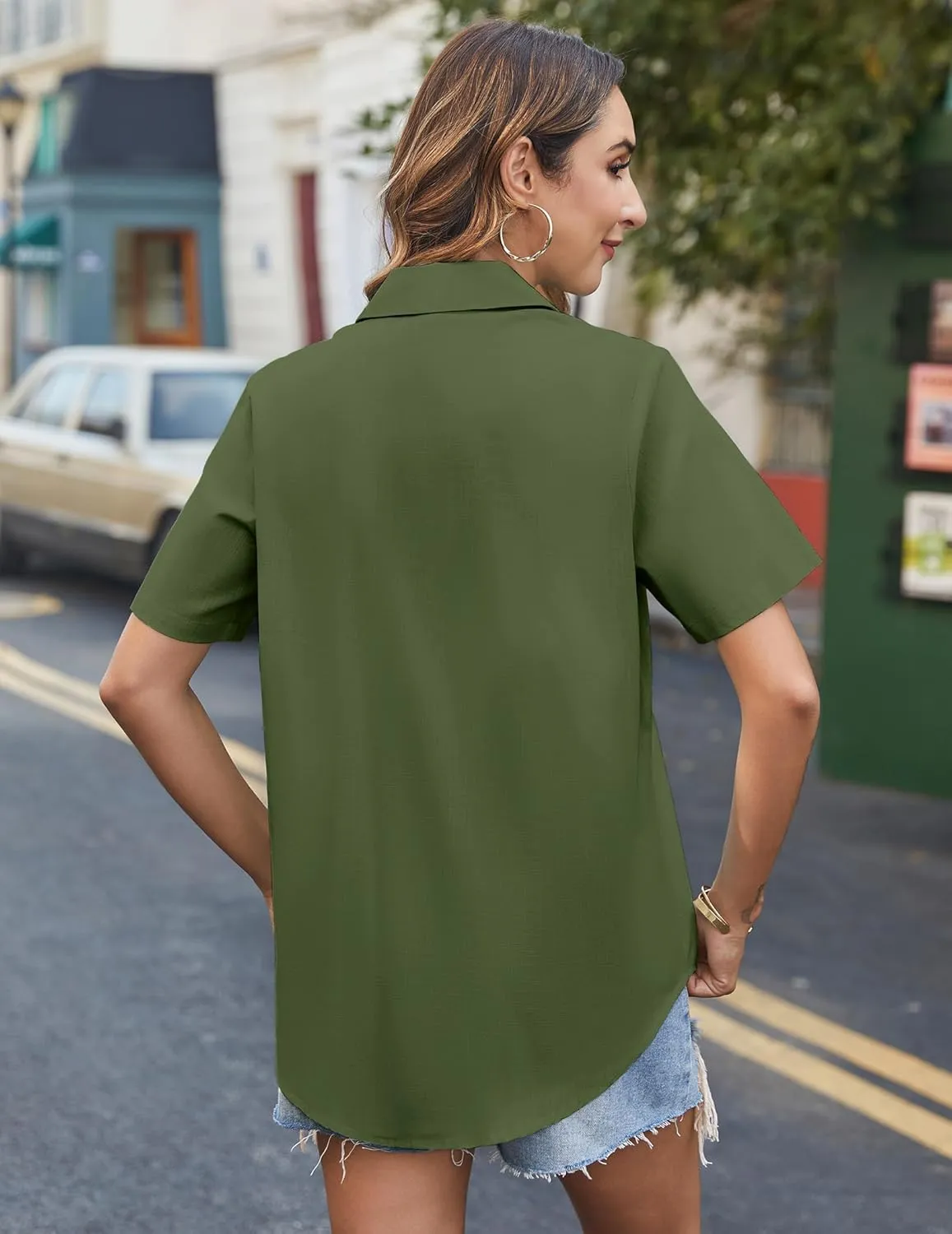 HOTOUCH Cotton Linen Button Down Shirt for Women V Neck Collared Blouse Casual Short Sleeve Tops with Pocket