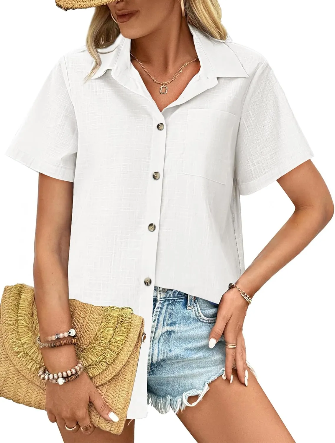 HOTOUCH Cotton Linen Button Down Shirt for Women V Neck Collared Blouse Casual Short Sleeve Tops with Pocket