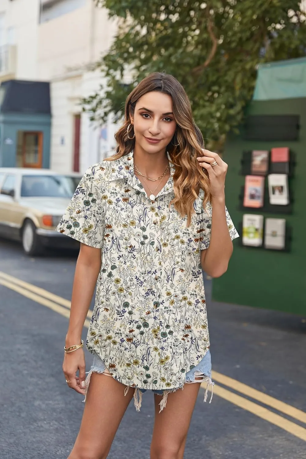 HOTOUCH Cotton Linen Button Down Shirt for Women V Neck Collared Blouse Casual Short Sleeve Tops with Pocket