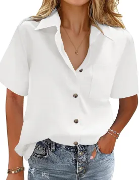 HOTOUCH Cotton Linen Button Down Shirt for Women V Neck Collared Blouse Casual Short Sleeve Tops with Pocket