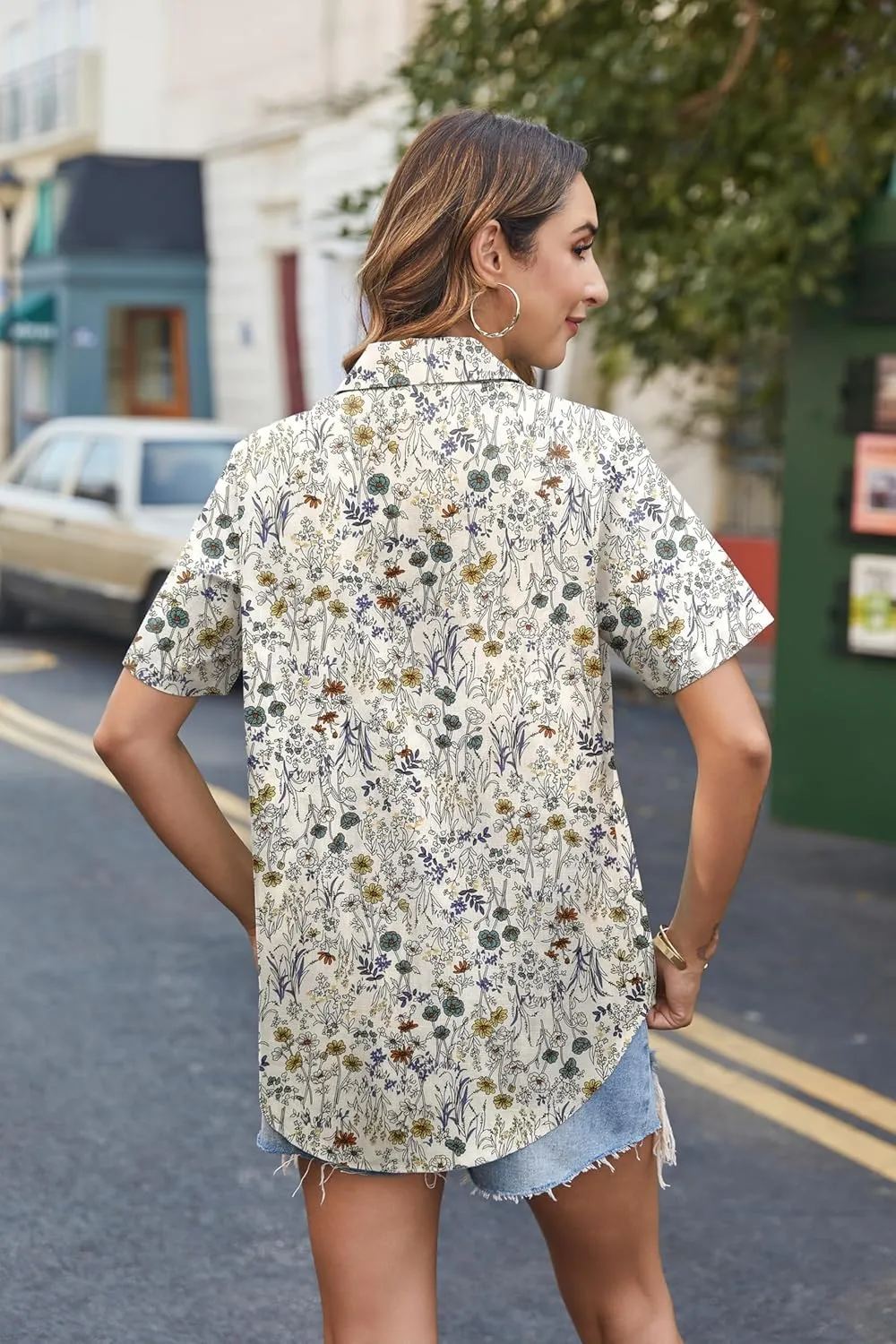 HOTOUCH Cotton Linen Button Down Shirt for Women V Neck Collared Blouse Casual Short Sleeve Tops with Pocket
