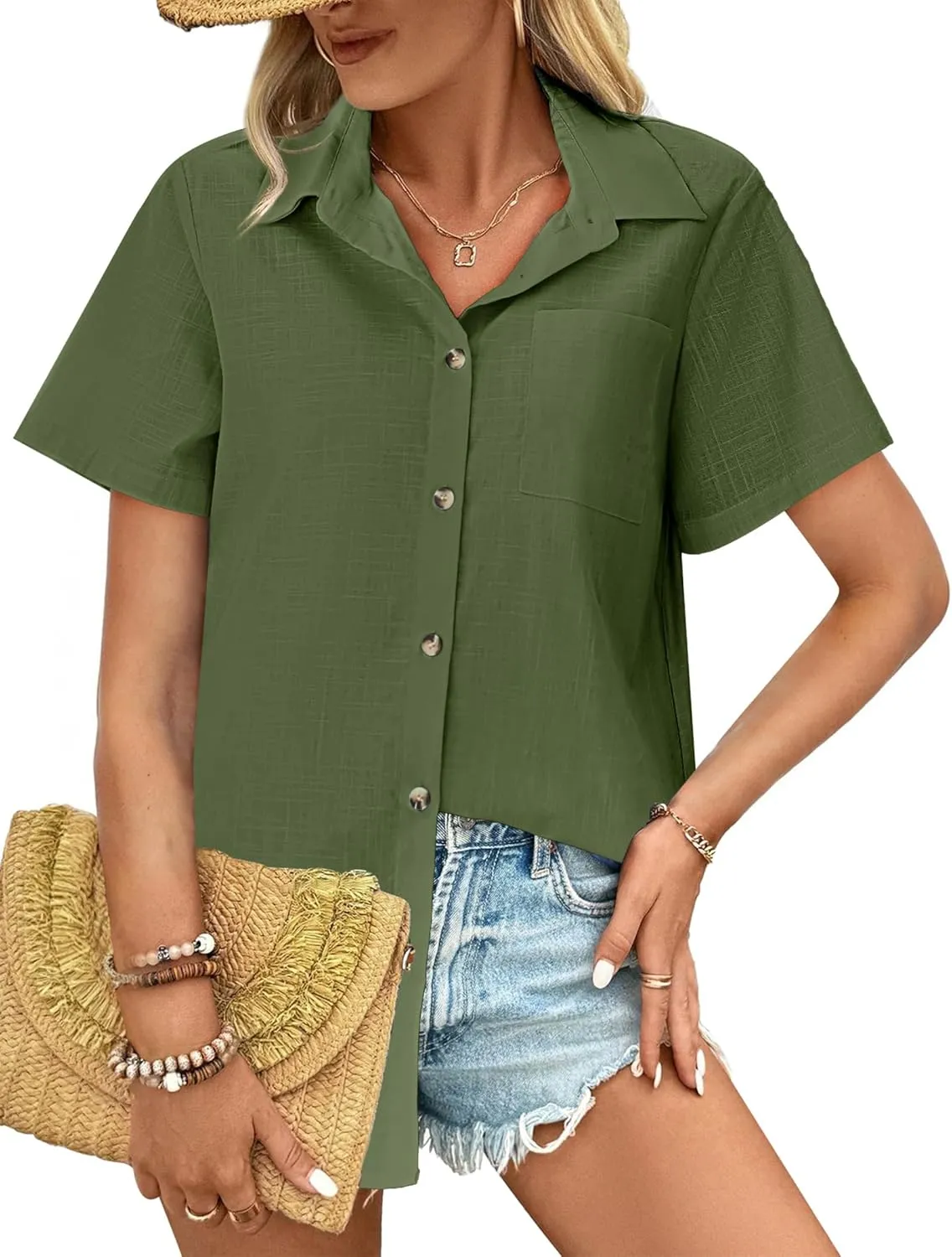 HOTOUCH Cotton Linen Button Down Shirt for Women V Neck Collared Blouse Casual Short Sleeve Tops with Pocket