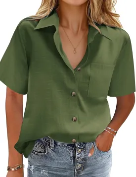 HOTOUCH Cotton Linen Button Down Shirt for Women V Neck Collared Blouse Casual Short Sleeve Tops with Pocket