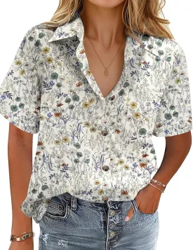 HOTOUCH Cotton Linen Button Down Shirt for Women V Neck Collared Blouse Casual Short Sleeve Tops with Pocket