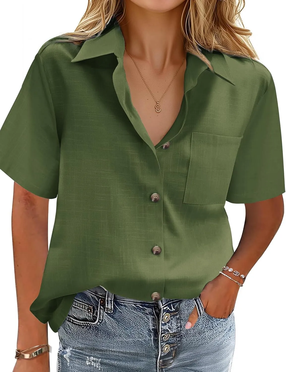 HOTOUCH Cotton Linen Button Down Shirt for Women V Neck Collared Blouse Casual Short Sleeve Tops with Pocket