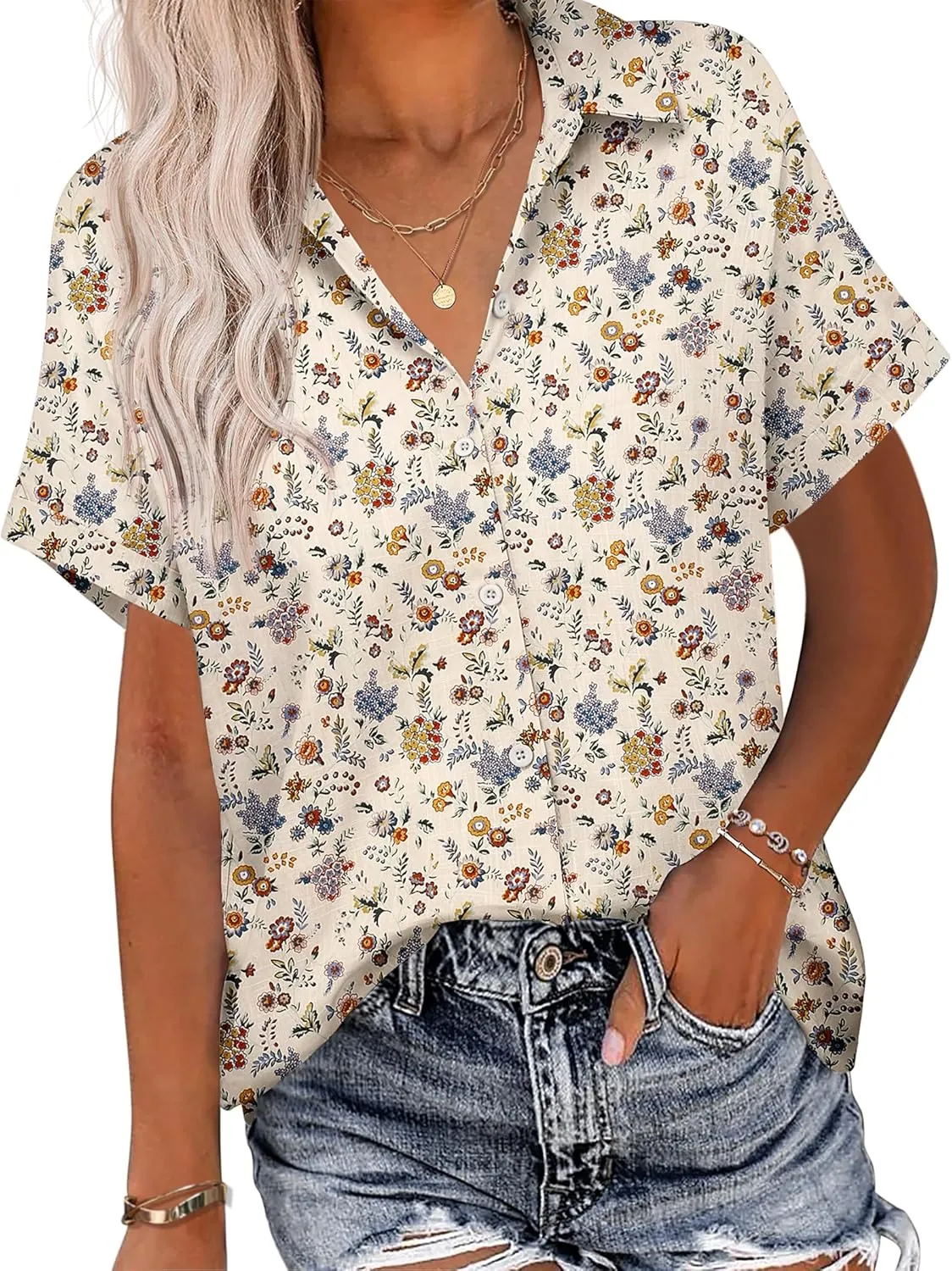 HOTOUCH Linen Button Down Shirt Women Short Sleeve Cotton Blouses V Neck Collared Summer Beach Tops S-2XL
