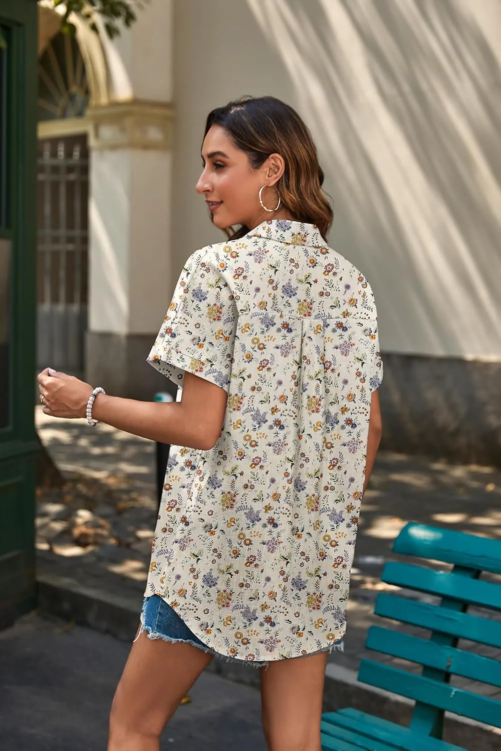 HOTOUCH Linen Button Down Shirt Women Short Sleeve Cotton Blouses V Neck Collared Summer Beach Tops S-2XL