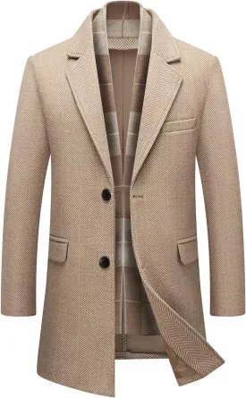 INVACHI Men's Casual Trench Coat with Detachable Scarfs Notched Collar Single Breasted Overcoat