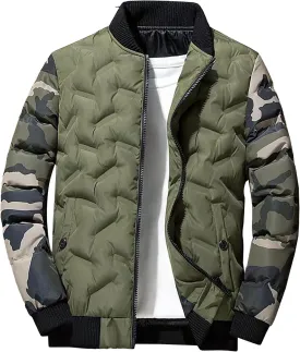 JEsilunmaMY Men's Lightweight Camo Bomber Jackets Winter Rib Varsity Baseball Quilted Jacket Windproof Warm Padded Coats