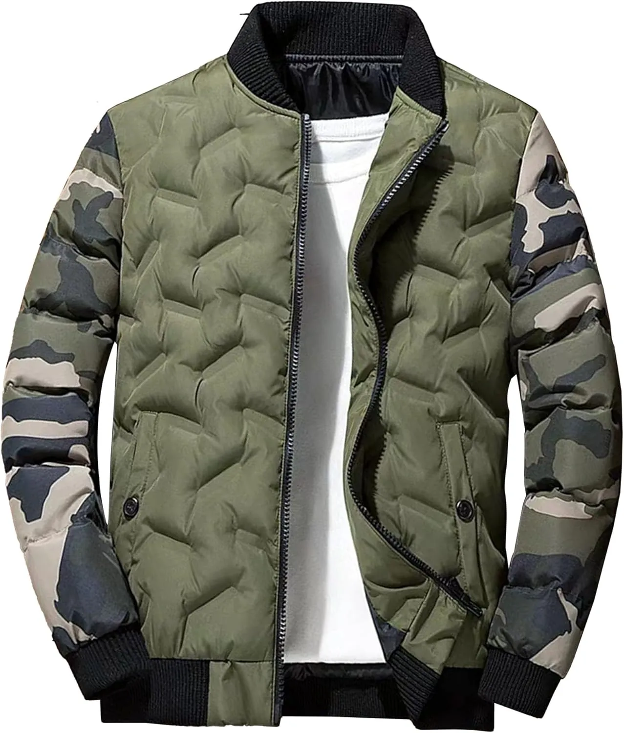 JEsilunmaMY Men's Lightweight Camo Bomber Jackets Winter Rib Varsity Baseball Quilted Jacket Windproof Warm Padded Coats