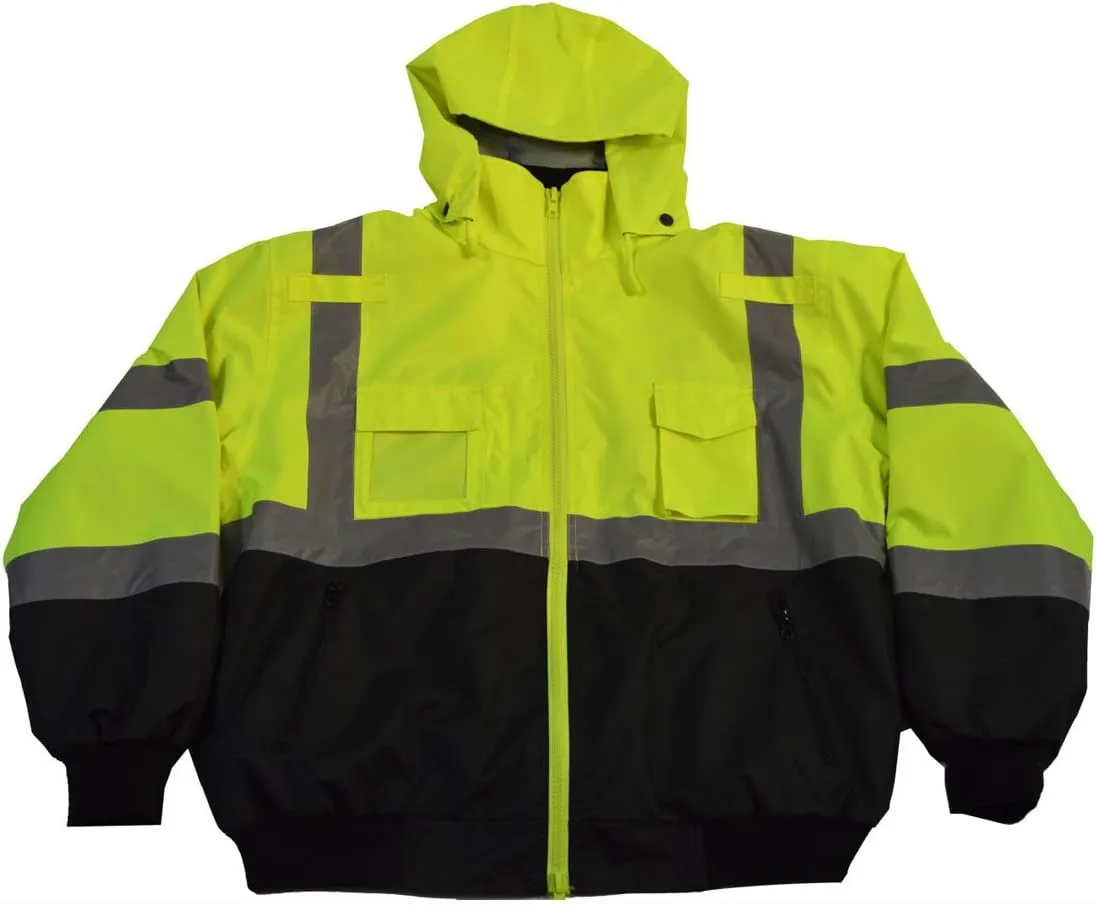 LBBJ-C3-M ANSI Class 3 Waterproof Bomber with Removable Fleece Liner Jacket, Medium, Lime/Black