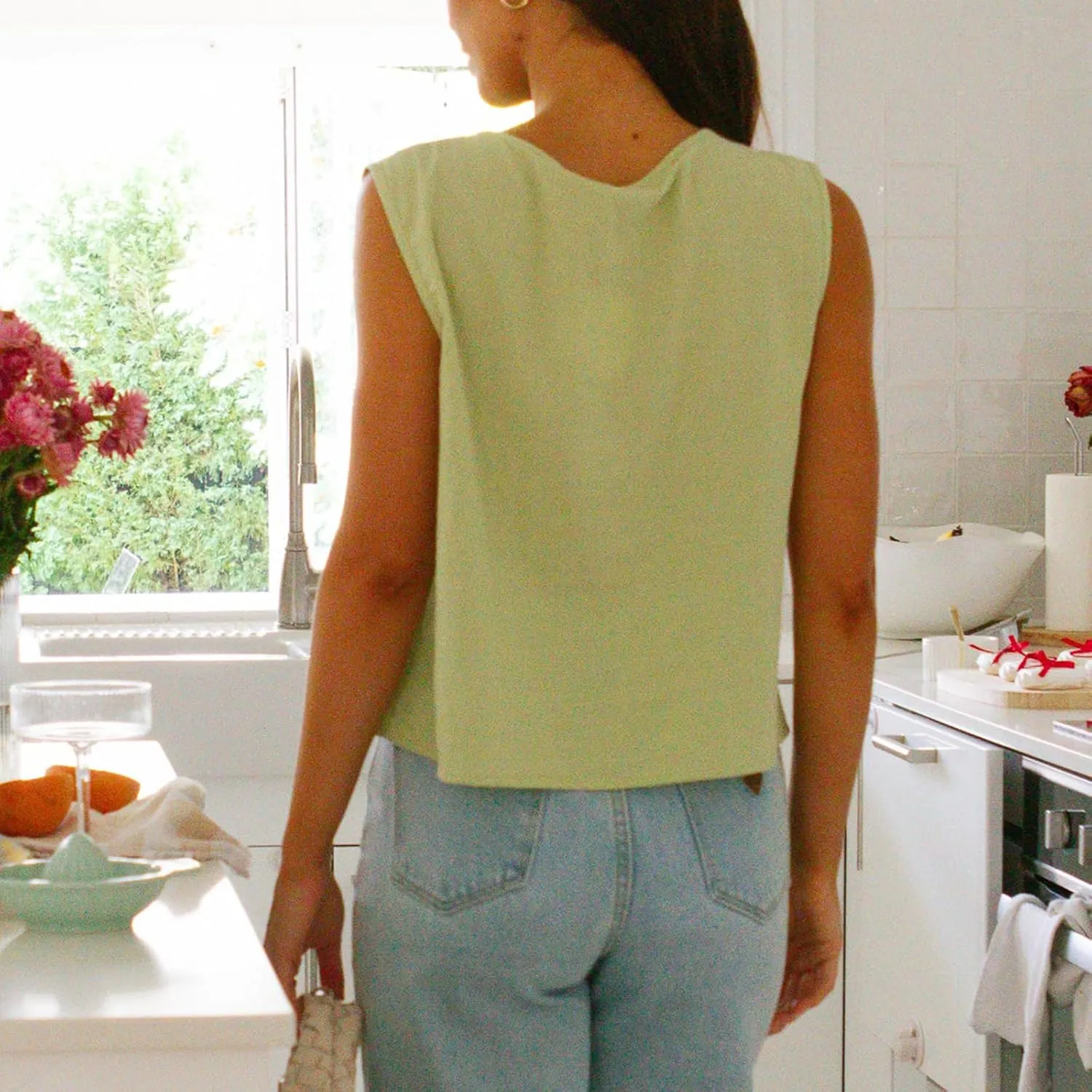 Linen Pleated Tank Top for Women Button Front Babydoll Shirt Y2K Sleeveless Ruffle Peplum Blouse Summer Vest