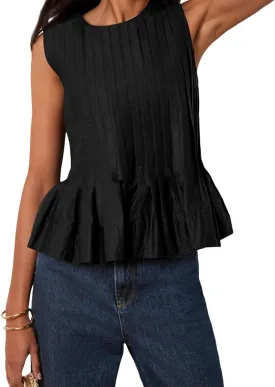 Linen Pleated Tank Top for Women Button Front Babydoll Shirt Y2K Sleeveless Ruffle Peplum Blouse Summer Vest