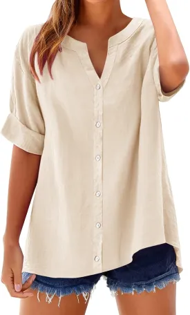 Linen Shirts for Women 2025 Summer Tops Casual Ruffle Short Sleeve V Neck Button Down Loose Fit Tops Shirt