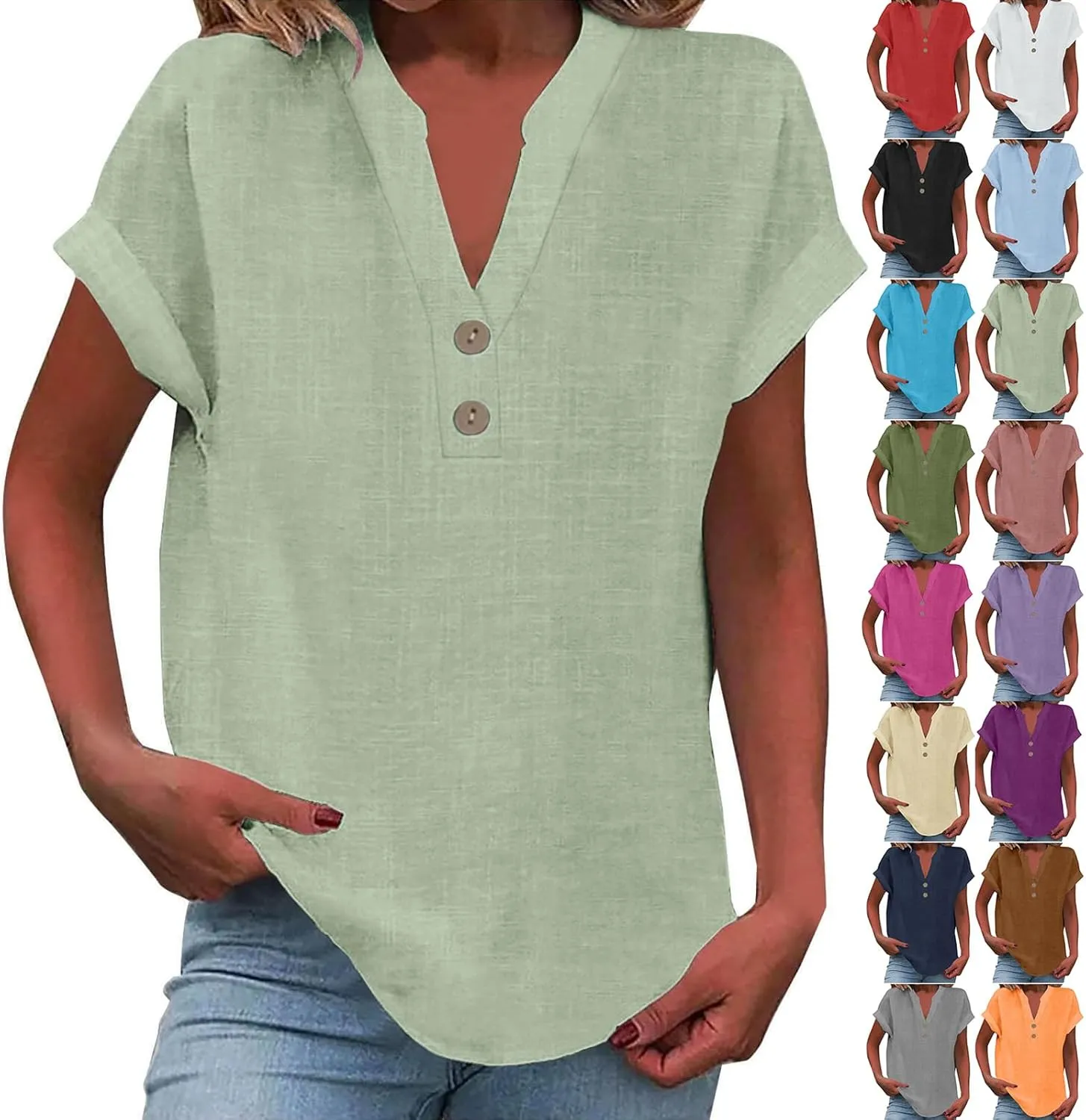 Linen Tops for Women Loose Fit Gauze Short Sleeve Plus Size Shirts Summer Button V Neck Casual Dressy Blouses