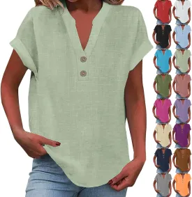 Linen Tops for Women Loose Fit Gauze Short Sleeve Plus Size Shirts Summer Button V Neck Casual Dressy Blouses