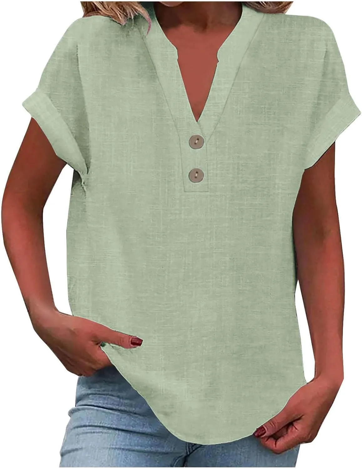 Linen Tops for Women Loose Fit Gauze Short Sleeve Plus Size Shirts Summer Button V Neck Casual Dressy Blouses