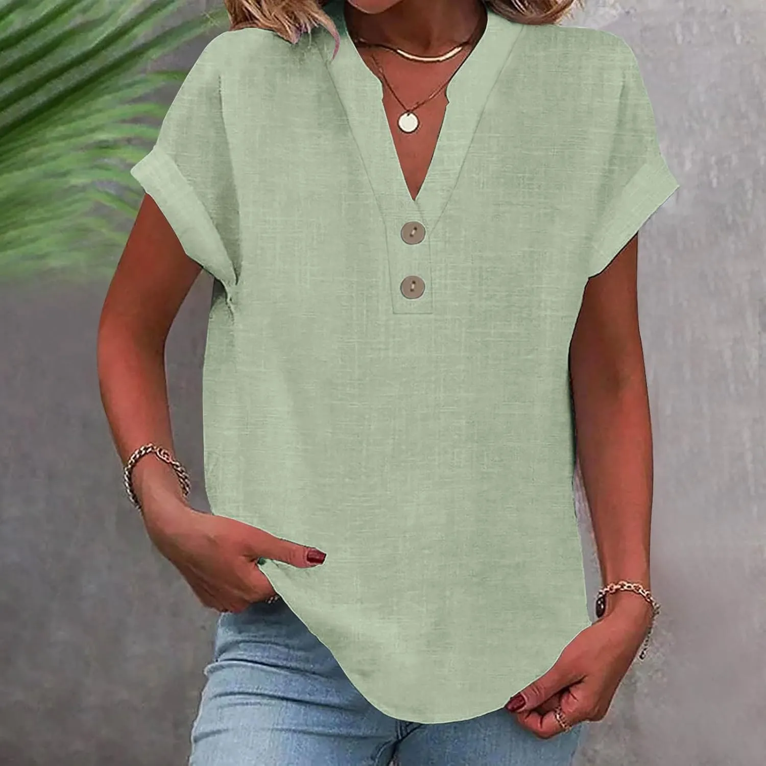 Linen Tops for Women Loose Fit Gauze Short Sleeve Plus Size Shirts Summer Button V Neck Casual Dressy Blouses