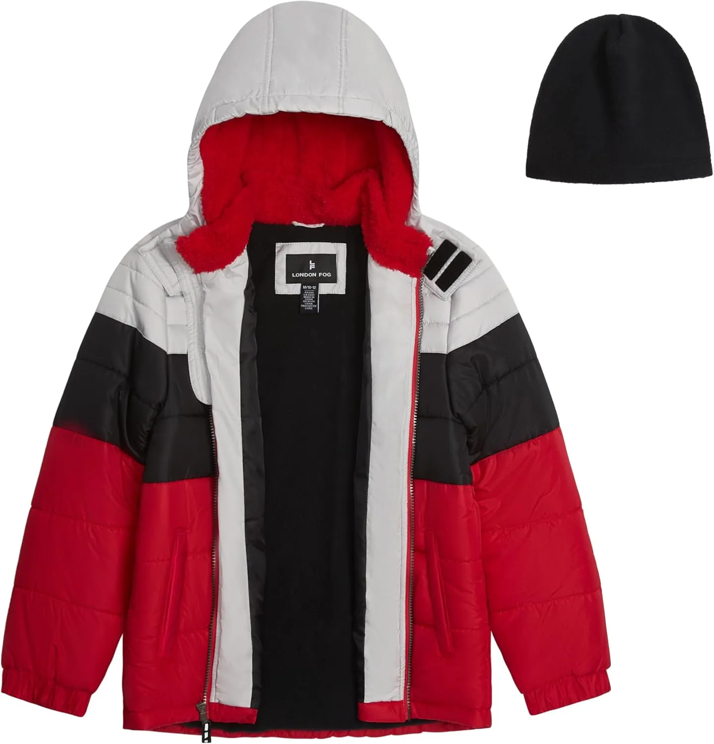 LONDON FOG Boys' Heavyweight Hooded Puffer Jacket with Sherpa-Lined Hood & Fleece Beanie