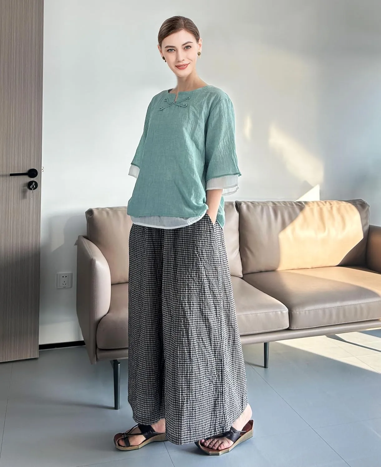 Minibee Women's Cotton Linen Shirts Summer 3/4 Length Sleeve Tops Chinese Frog Casual Blouse