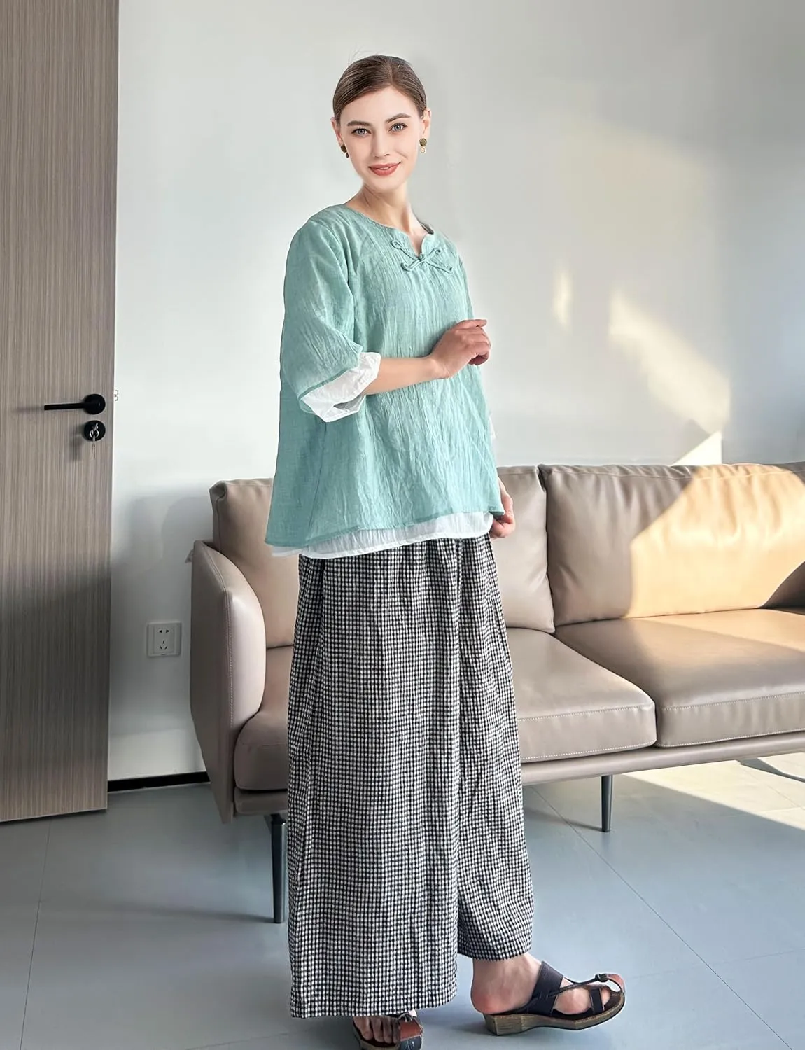 Minibee Women's Cotton Linen Shirts Summer 3/4 Length Sleeve Tops Chinese Frog Casual Blouse