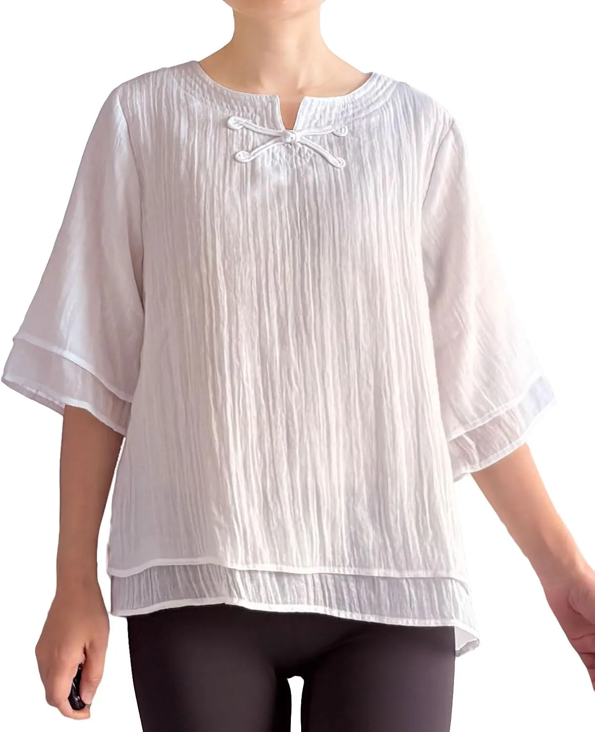 Minibee Women's Cotton Linen Shirts Summer 3/4 Length Sleeve Tops Chinese Frog Casual Blouse