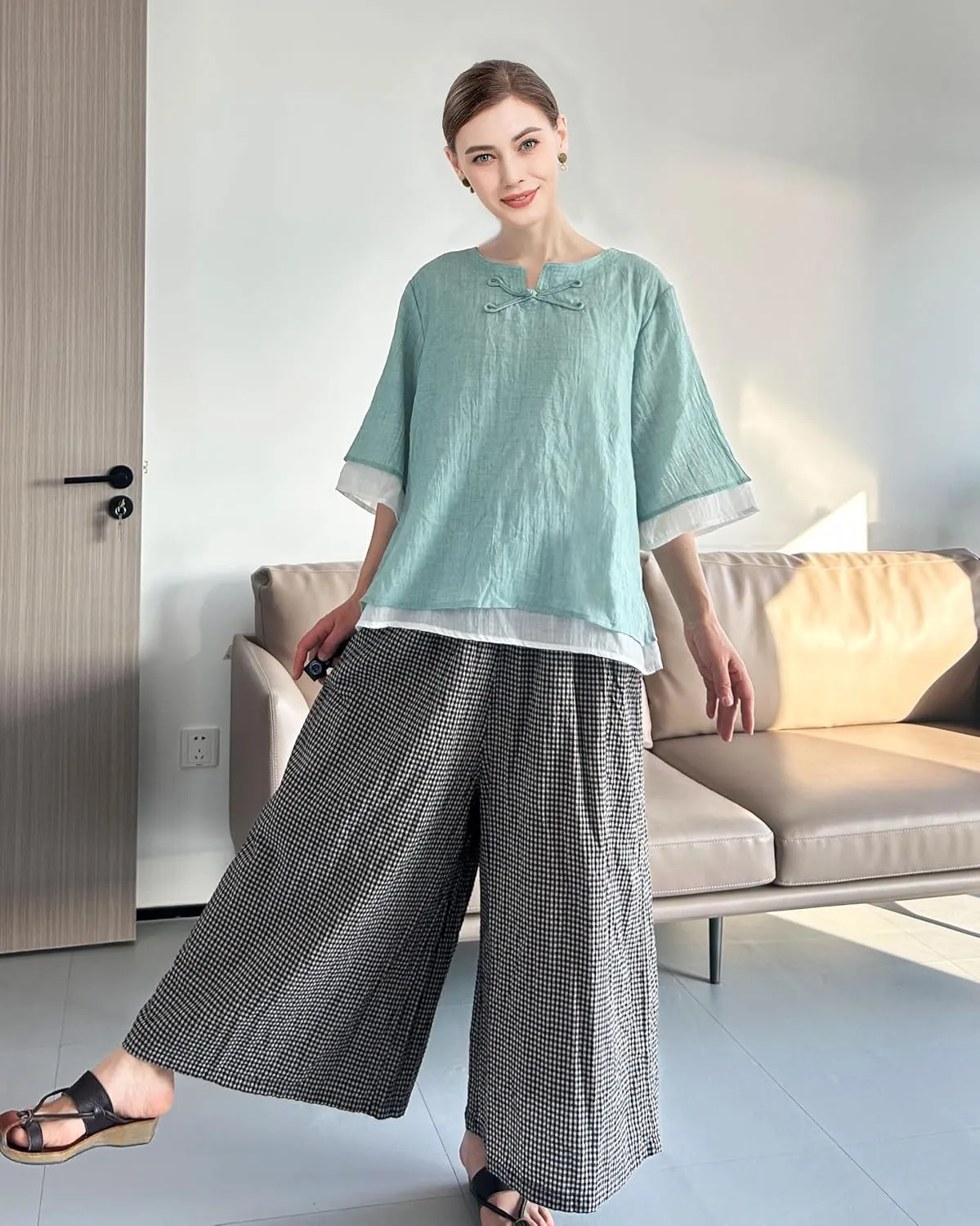Minibee Women's Cotton Linen Shirts Summer 3/4 Length Sleeve Tops Chinese Frog Casual Blouse